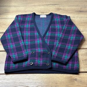 Women’s Vintage Pendleton 100% Virgin Wool Plaid Cardigan Navy, Purple, Green PM
